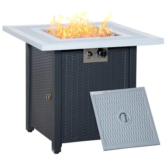 Buy Square Propane Gas Fire Pit Table, 40000 BTU Rattan Smokeless Firepit Patio Heater with Lava Rocks and Lid, 71cm x 71cm x 62cm, Black