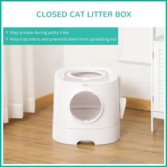 Buy Cat Litter Box Portable Pet Toilet Fully Enclosed Kitten Pan w/ Scoop, White, 4 image
