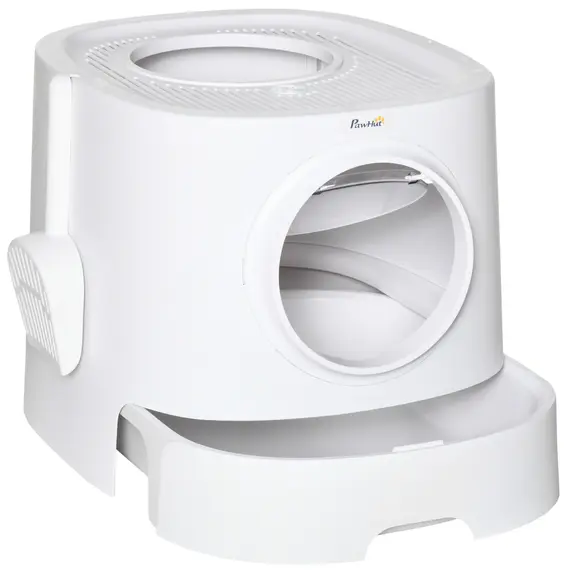 Buy Cat Litter Box Portable Pet Toilet Fully Enclosed Kitten Pan w/ Scoop, White, 7 image