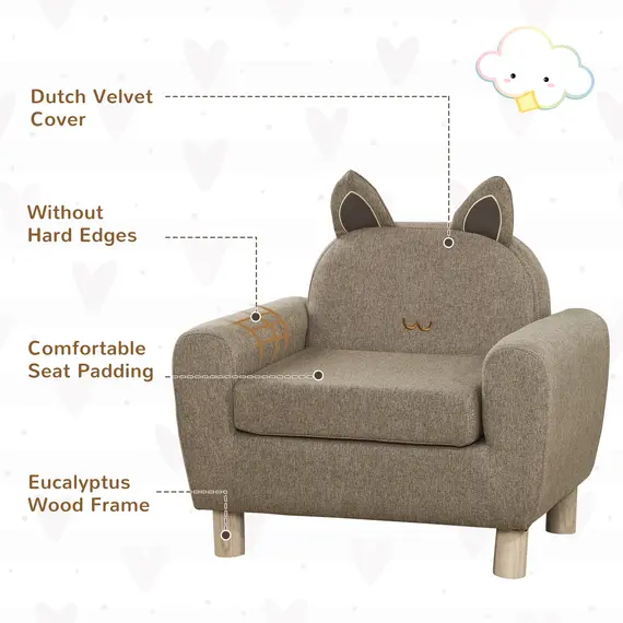Buy HOMCOM Kids Sofa Toddler Chair Children Armchair for Preschool Bedroom Playroom with Ear Modeling Eucalyptus Wood Brown, 3 image