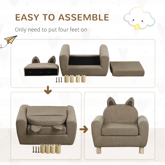 Buy HOMCOM Kids Sofa Toddler Chair Children Armchair for Preschool Bedroom Playroom with Ear Modeling Eucalyptus Wood Brown, 5 image