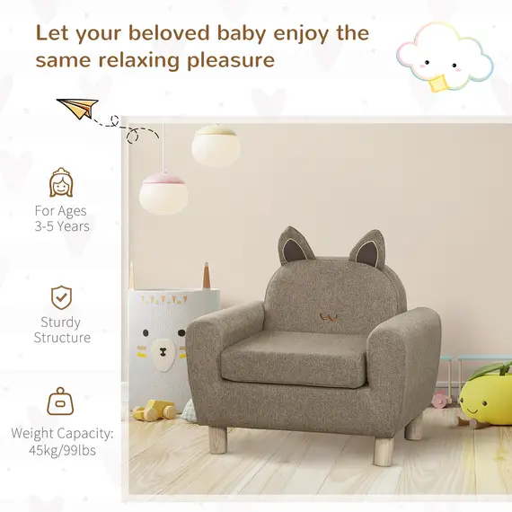 Buy HOMCOM Kids Sofa Toddler Chair Children Armchair for Preschool Bedroom Playroom with Ear Modeling Eucalyptus Wood Brown, 6 image