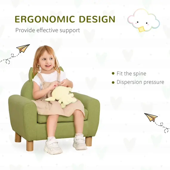 Buy HOMCOM Kids Sofa Toddler Chair Children Armchair for Preschool Bedroom Playroom with Ear Modeling Eucalyptus Wood Green, 4 image