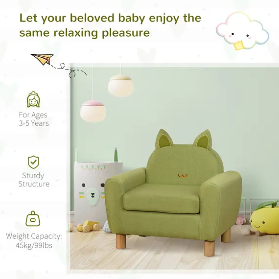 Buy HOMCOM Kids Sofa Toddler Chair Children Armchair for Preschool Bedroom Playroom with Ear Modeling Eucalyptus Wood Green, 6 image