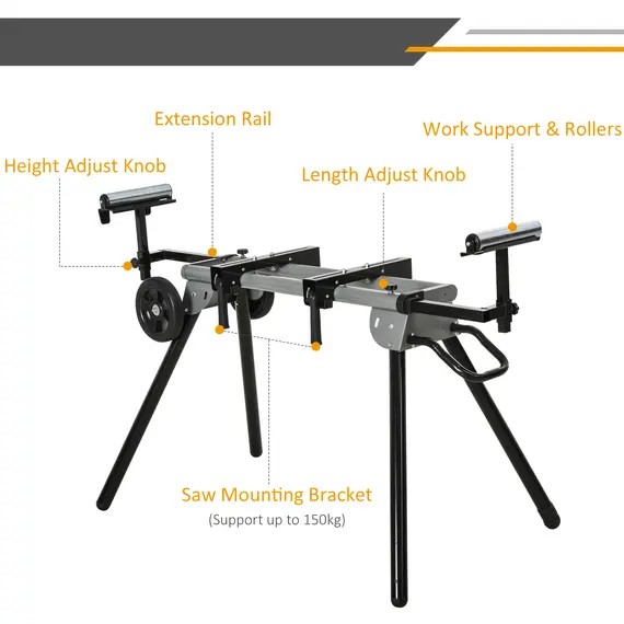 Buy Miter Saw Stand with Extensions, Sawhorse for Cutting Logs, Foldable with Wheels Max Load 150 Kg, Black and Grey, 5 image