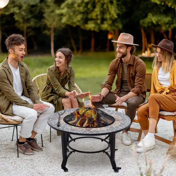 Buy Outsunny 2-in-1 Outdoor Fire Pit on Wheels, Patio Heater with Cooking BBQ Grill, Firepit Bowl with Screen Cover, Fire Poker for Backyard Bonfire