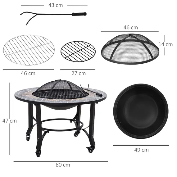 Buy Outsunny 2-in-1 Outdoor Fire Pit on Wheels, Patio Heater with Cooking BBQ Grill, Firepit Bowl with Screen Cover, Fire Poker for Backyard Bonfire, 2 image