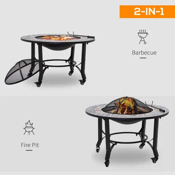 Buy Outsunny 2-in-1 Outdoor Fire Pit on Wheels, Patio Heater with Cooking BBQ Grill, Firepit Bowl with Screen Cover, Fire Poker for Backyard Bonfire, 3 image