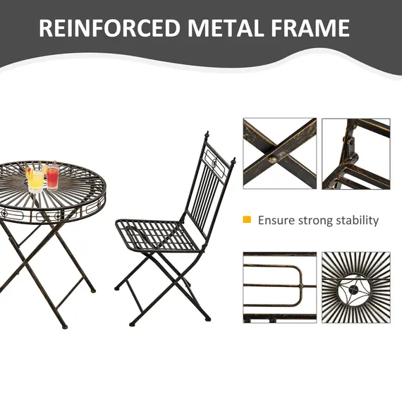 Buy Outsunny 3 Piece Garden Outdoor Bistro Set with 2 Folding Chairs and 1 Folding Round Table, Metal Frame for Lawn, Backyard and Porch, Bronze, 5 image