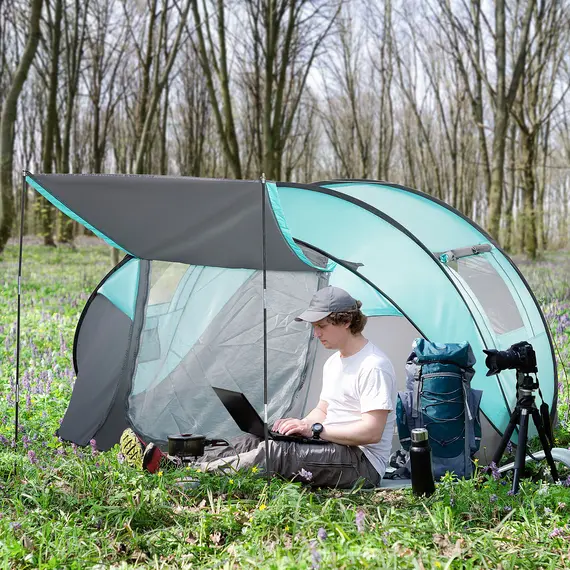 Buy Outsunny 4 Person Pop Up Camping Tent with Vestibule Weatherproof Cover, Instant Backpacking Tent w/ Carry Bag for Fishing Hiking, Tiffany Blue