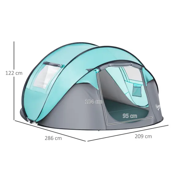Buy Outsunny 4 Person Pop Up Camping Tent with Vestibule Weatherproof Cover, Instant Backpacking Tent w/ Carry Bag for Fishing Hiking, Tiffany Blue, 2 image