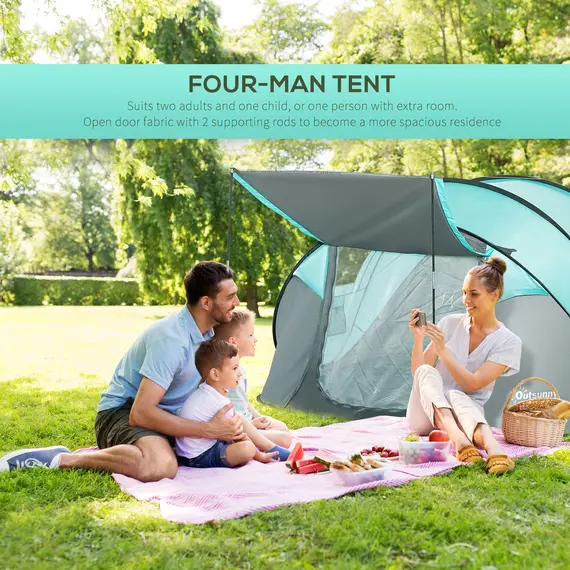 Buy Outsunny 4 Person Pop Up Camping Tent with Vestibule Weatherproof Cover, Instant Backpacking Tent w/ Carry Bag for Fishing Hiking, Tiffany Blue, 3 image