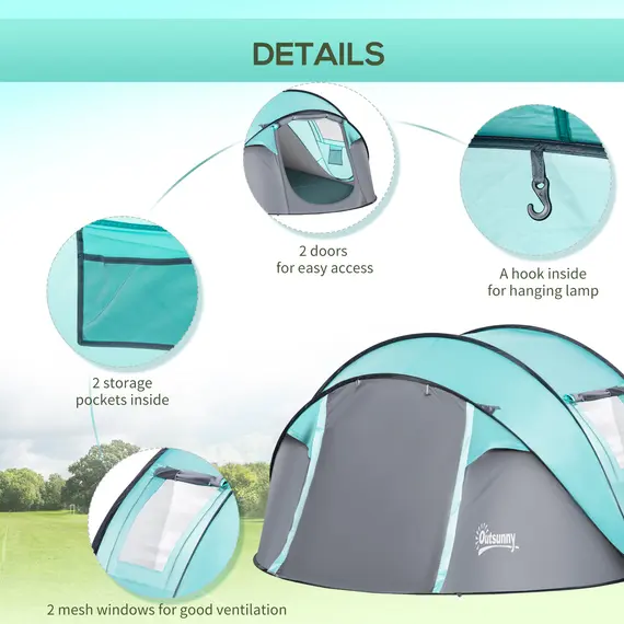 Buy Outsunny 4 Person Pop Up Camping Tent with Vestibule Weatherproof Cover, Instant Backpacking Tent w/ Carry Bag for Fishing Hiking, Tiffany Blue, 5 image