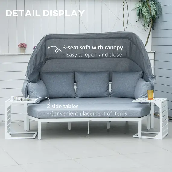 Buy Outsunny 4 Pieces Outdoor Garden Sofa Set, Aluminum Patio Lounge Bed Furniture Set, with Canopy, Padded Cushions & Side Tables, White, 7 image