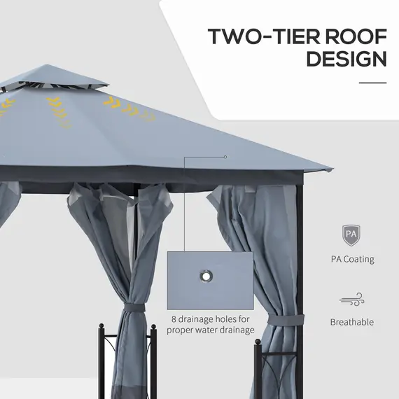 Buy Outsunny 4 x 3.35(m) Patio Metal Gazebo Canopy Garden Tent Sun Shade, Outdoor Shelter with 2 Tier Roof, Netting and Curtains, Steel Frame, Grey, 3 image