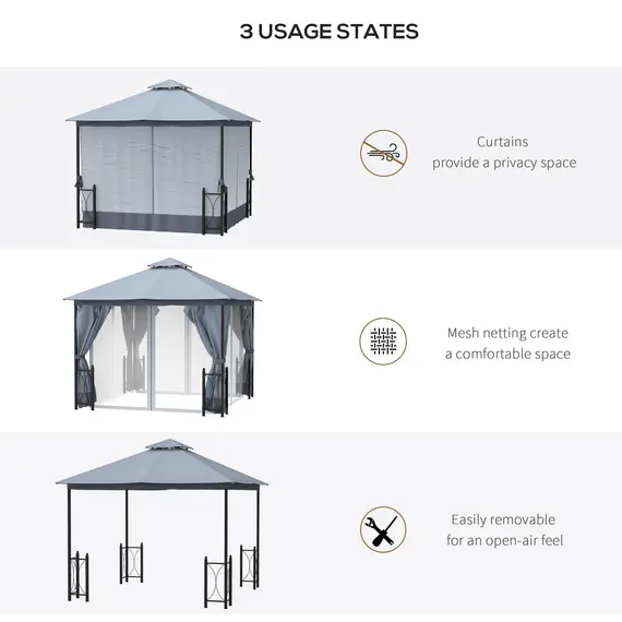 Buy Outsunny 4 x 3.35(m) Patio Metal Gazebo Canopy Garden Tent Sun Shade, Outdoor Shelter with 2 Tier Roof, Netting and Curtains, Steel Frame, Grey, 4 image
