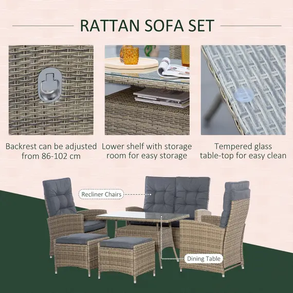 Buy Outsunny 6 Pieces PE Rattan Dining Set, Patio Wicker Conversation Furniture, Tempered Glass Table-top Dining Table w/ Storage Layer, Mixed Grey, 5 image