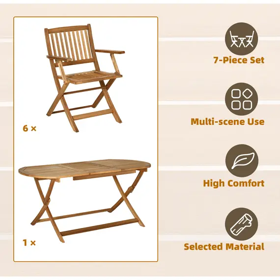 Buy Outsunny 7 Piece Wooden Garden Dining Set with Umbrella Hole, Folding Dining Table and Armchairs with Parasol Hole, Teak, 3 image