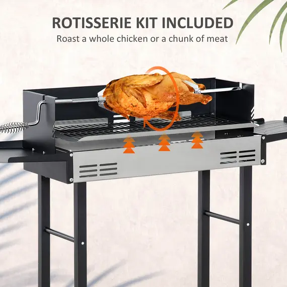 Buy Outsunny BBQ Rotisserie Charcoal Grill Roaster Spit Roasting Machine for Chicken Turkey with 3-Level Grill Grate and Side Shelves, Stainless Steel, 2 image