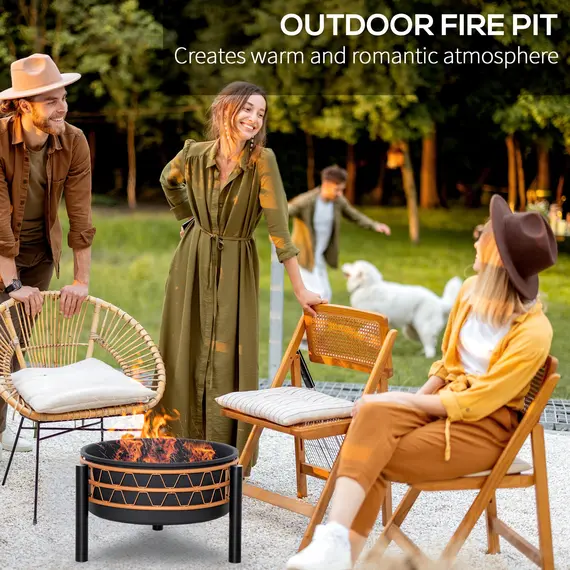 Buy Outsunny Outdoor Fire Pit, Metal Round Firepit Bowl, Charcoal Log Wood Burner with Screen Cover, Poker for Patio, BBQ, Camping, 64 x 64 x 58cm, Black, 5 image