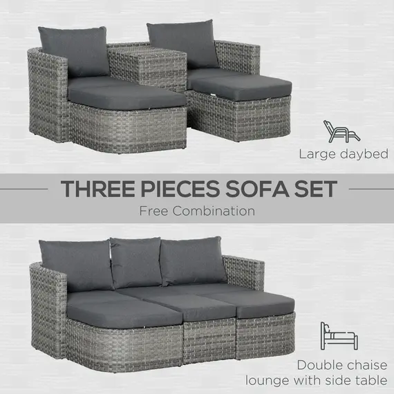 Buy Outsunny Three Pieces Outdoor PE Rattan Sofa Set, Patio Wicker Conversation Double Chaise Lounge Furniture Set w/ Side Table, Large Daybed, Mixed Grey, 5 image