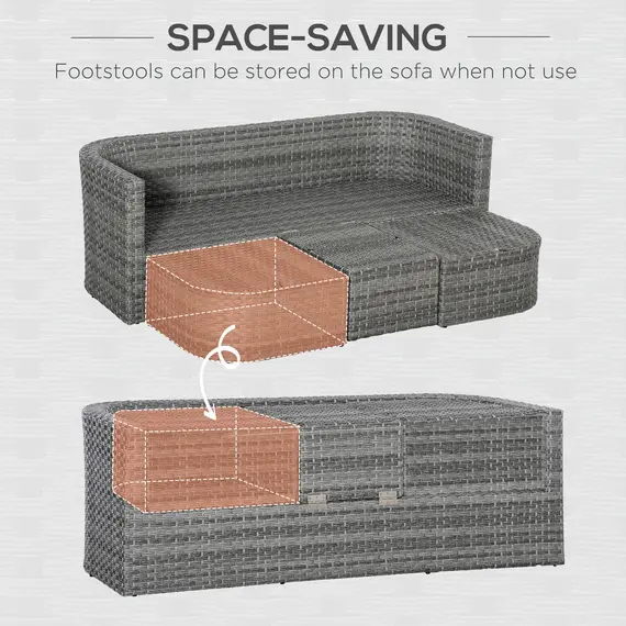 Buy Outsunny Three Pieces Outdoor PE Rattan Sofa Set, Patio Wicker Conversation Double Chaise Lounge Furniture Set w/ Side Table, Large Daybed, Mixed Grey, 6 image
