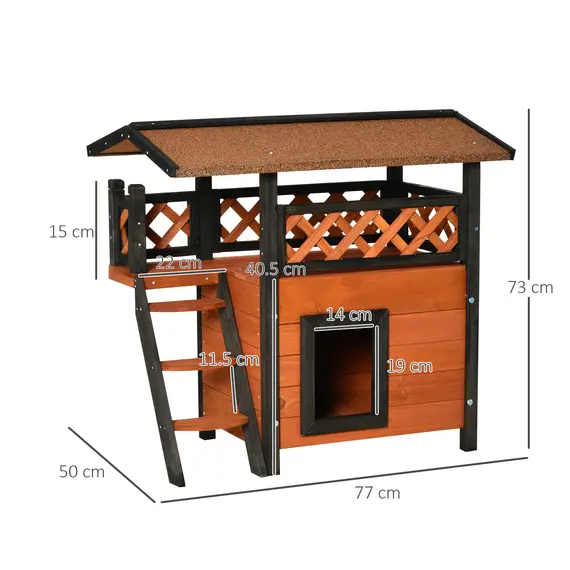 Buy PawHut Cat House Outdoor Kitten Shelter Puppy Kennel with Balcony Stairs Asphalt Roof, 77 x 50 x 73 cm, Brown, 2 image