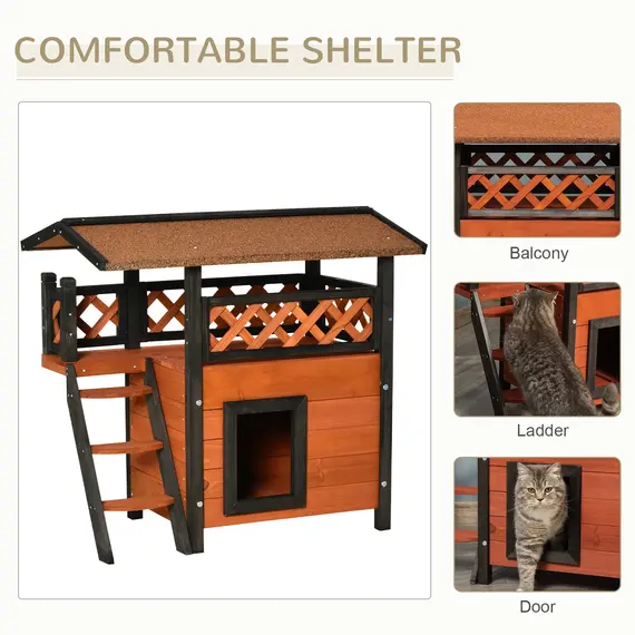 Buy PawHut Cat House Outdoor Kitten Shelter Puppy Kennel with Balcony Stairs Asphalt Roof, 77 x 50 x 73 cm, Brown, 3 image