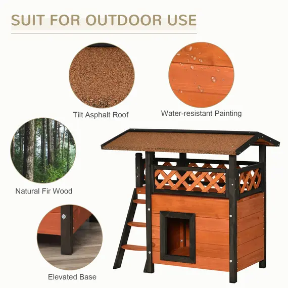 Buy PawHut Cat House Outdoor Kitten Shelter Puppy Kennel with Balcony Stairs Asphalt Roof, 77 x 50 x 73 cm, Brown, 4 image