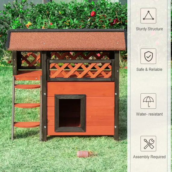 Buy PawHut Cat House Outdoor Kitten Shelter Puppy Kennel with Balcony Stairs Asphalt Roof, 77 x 50 x 73 cm, Brown, 5 image