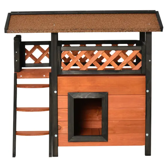 Buy PawHut Cat House Outdoor Kitten Shelter Puppy Kennel with Balcony Stairs Asphalt Roof, 77 x 50 x 73 cm, Brown, 6 image