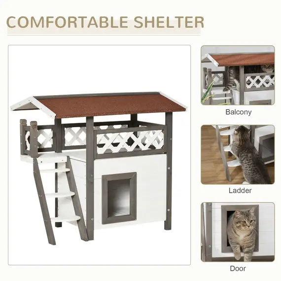 Buy PawHut Cat House Outdoor Kitten Shelter Puppy Kennel with Balcony Stairs Asphalt Roof, 77 x 50 x 73 cm, White, 3 image