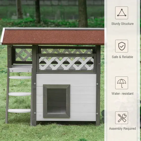 Buy PawHut Cat House Outdoor Kitten Shelter Puppy Kennel with Balcony Stairs Asphalt Roof, 77 x 50 x 73 cm, White, 4 image
