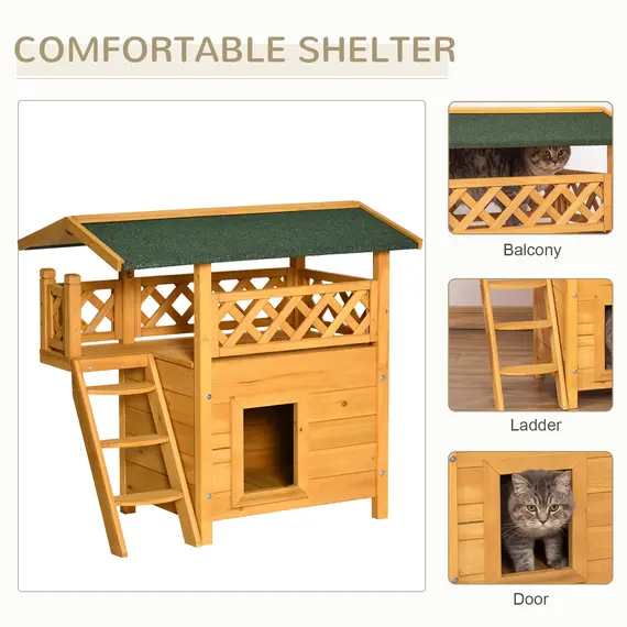 Buy PawHut Cat House Outdoor Kitten Shelter Puppy Kennel with Balcony Stairs Asphalt Roof, 77 x 50 x 73 cm, Natural, 3 image