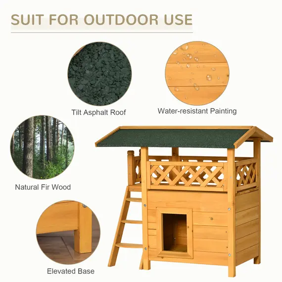 Buy PawHut Cat House Outdoor Kitten Shelter Puppy Kennel with Balcony Stairs Asphalt Roof, 77 x 50 x 73 cm, Natural, 4 image