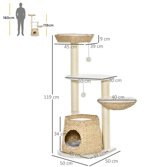 Buy PawHut Cat Tree Cat Tower Climbing Activity Center Kitten Furniture w/ Cattail Fluff Bed Condo Sisal Scratching Post 50 x 50 x 119cm Natural, 2 image