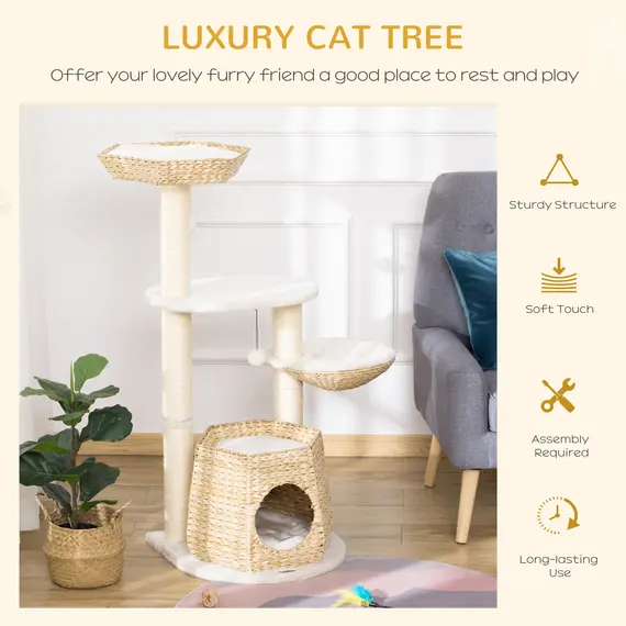 Buy PawHut Cat Tree Cat Tower Climbing Activity Center Kitten Furniture w/ Cattail Fluff Bed Condo Sisal Scratching Post 50 x 50 x 119cm Natural, 3 image