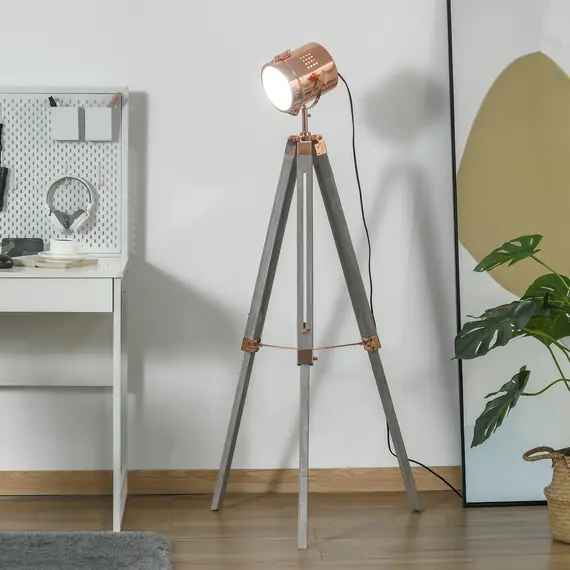 Buy Industrial Tripod Floor Lamp, Nautical Searchlight with Adjustable Height, Wood Legs, E12 Lamp Base for Living, Bedroom, Grey and Rose Gold
