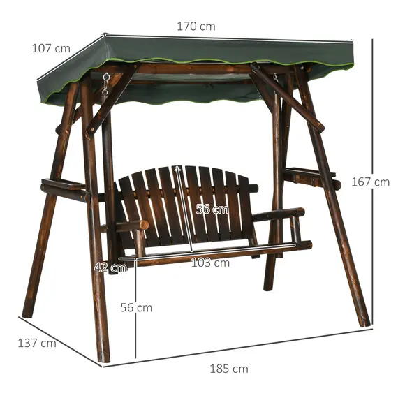 Buy Outsunny 2-Person Garden Swing Chair, Outdoor Hanging Wooden Porch Bench w/ Adjustable Canopy and Side Trays for Patio, Poolside, Backyard, 2 image
