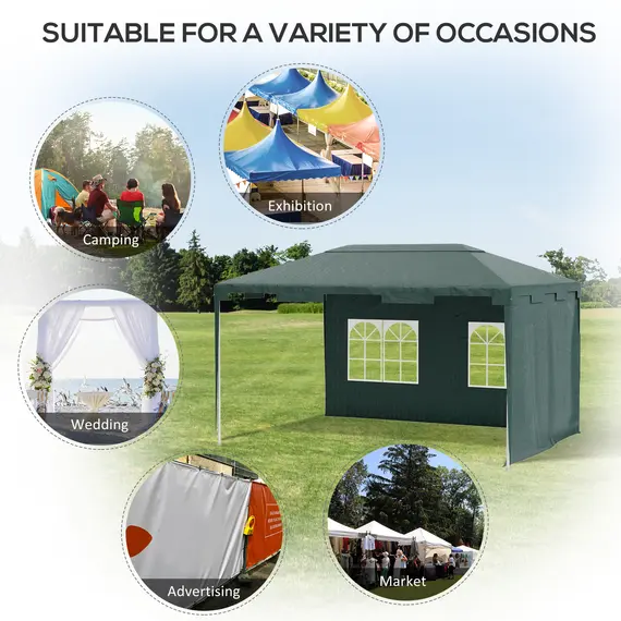Buy Outsunny 3 x 4 m Garden Gazebo Marquee Party Tent with 2 Sidewalls for Patio Yard Outdoor - Green, 4 image