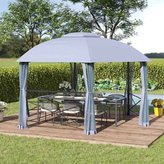 Buy Outsunny 4 x 4.7(m) Patio Metal Gazebo Canopy, Hexagon Shape Garden Tent Sun Shade, Outdoor Shelter with 2 Tier Roof, Netting, Steel Frame, Grey