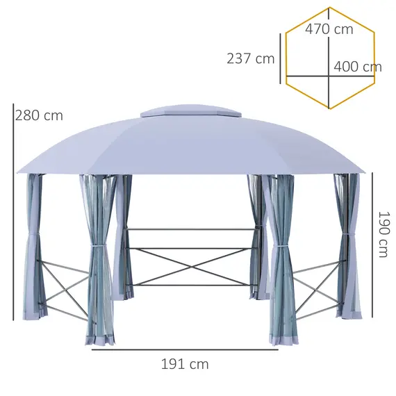 Buy Outsunny 4 x 4.7(m) Patio Metal Gazebo Canopy, Hexagon Shape Garden Tent Sun Shade, Outdoor Shelter with 2 Tier Roof, Netting, Steel Frame, Grey, 2 image