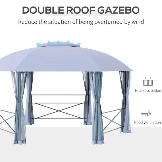 Buy Outsunny 4 x 4.7(m) Patio Metal Gazebo Canopy, Hexagon Shape Garden Tent Sun Shade, Outdoor Shelter with 2 Tier Roof, Netting, Steel Frame, Grey, 3 image