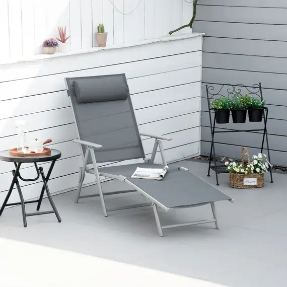 Buy Outsunny Steel Fabric Outdoor Folding Chaise Lounge Chair Recliner with Portable Design & 7 Adjustable Backrest Positions - Dark Grey