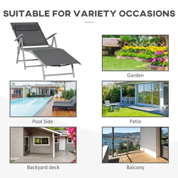 Buy Outsunny Steel Fabric Outdoor Folding Chaise Lounge Chair Recliner with Portable Design & 7 Adjustable Backrest Positions - Dark Grey, 6 image