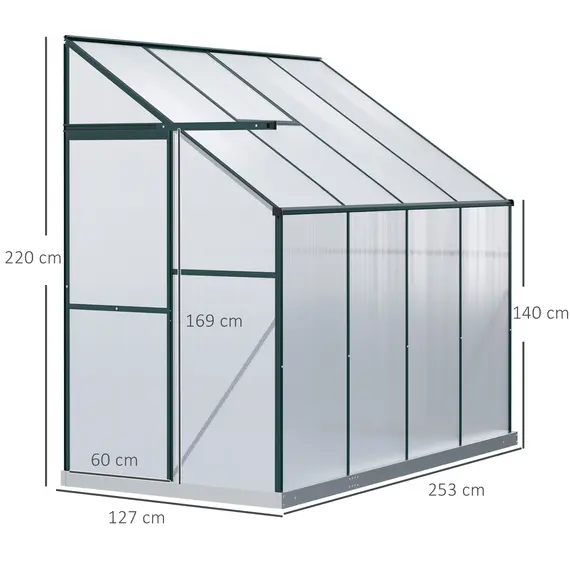 Buy Outsunny Walk-In Lean to Greenhouse Garden Heavy Duty Aluminium Polycarbonate with Roof Vent for Plants Herbs Vegetables, Green, 253 x 127 x 220 cm, 2 image
