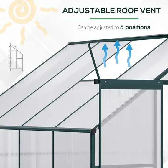 Buy Outsunny Walk-In Lean to Greenhouse Garden Heavy Duty Aluminium Polycarbonate with Roof Vent for Plants Herbs Vegetables, Green, 253 x 127 x 220 cm, 3 image
