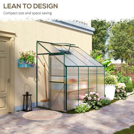 Buy Outsunny Walk-In Lean to Greenhouse Garden Heavy Duty Aluminium Polycarbonate with Roof Vent for Plants Herbs Vegetables, Green, 253 x 127 x 220 cm, 4 image
