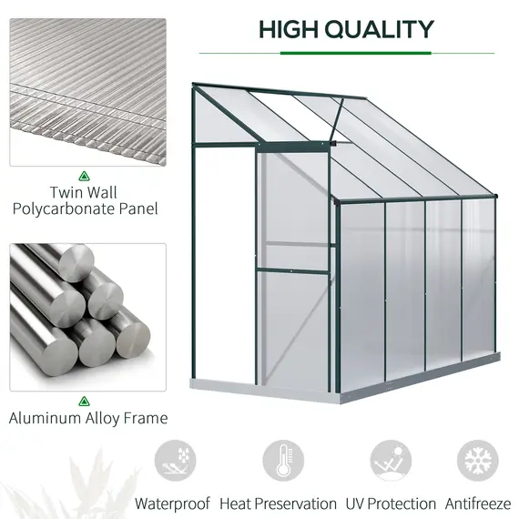 Buy Outsunny Walk-In Lean to Greenhouse Garden Heavy Duty Aluminium Polycarbonate with Roof Vent for Plants Herbs Vegetables, Green, 253 x 127 x 220 cm, 5 image