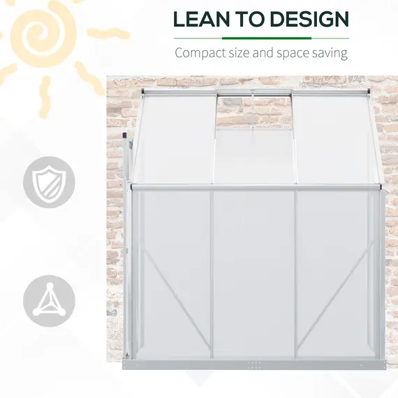 Buy Outsunny Walk-In Lean to Greenhouse Garden Heavy Duty Aluminium Polycarbonate with Roof Vent for Plants Herbs Vegetables, Silver, 192 x 127 x 220 cm, 4 image